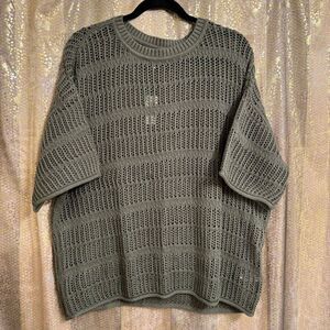 Aerie Olive Green Crochet Knit Oversized Short Sleeve Sweater Small NWT